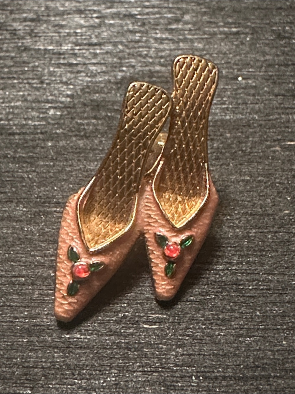 Avon Gold-Tone Pink Floral Shoe Brooch Signed Vintage